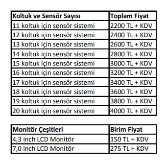 Koltuk sensörü fiyat listesi